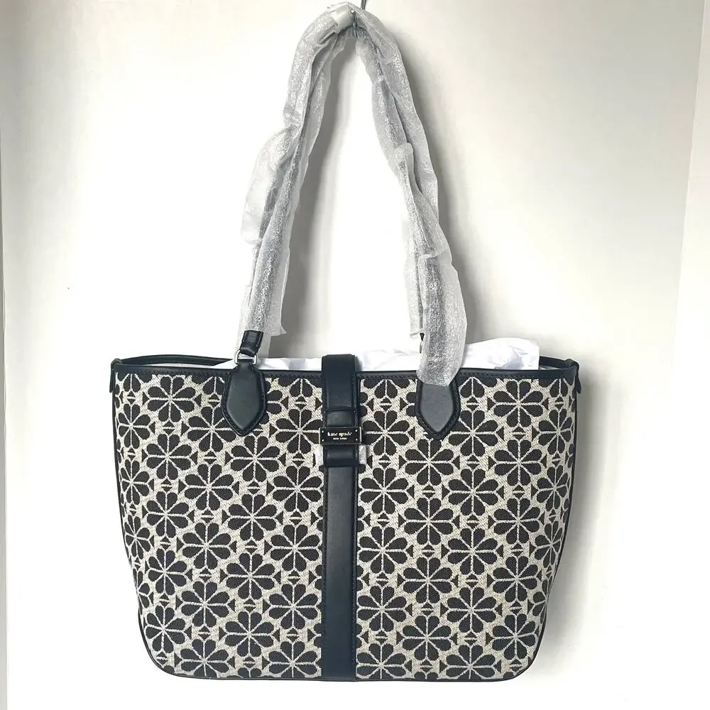 Kate Spade Black Flower Jacquard Tote Medium Leather Trim Shoulder Bag